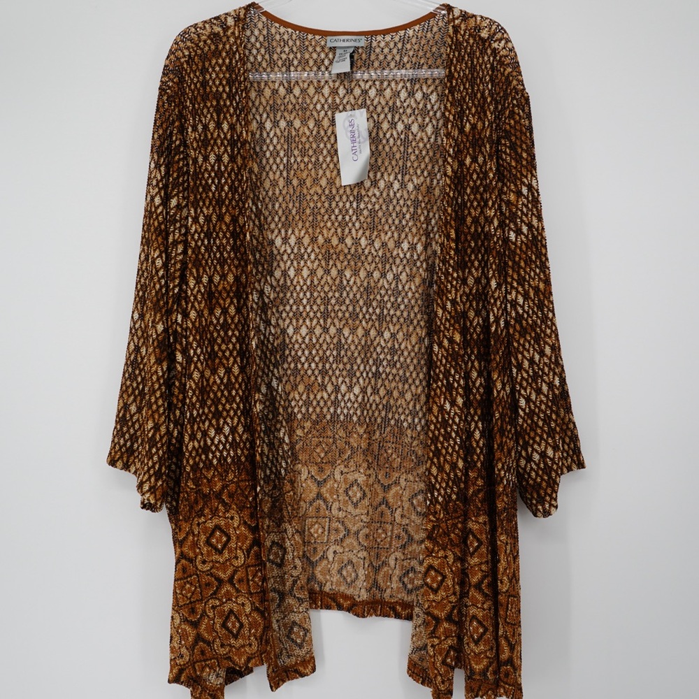 Catherines Kimono Top Plus Size 3X Open Front Stretch Argyle Brown Casual‎ NEW